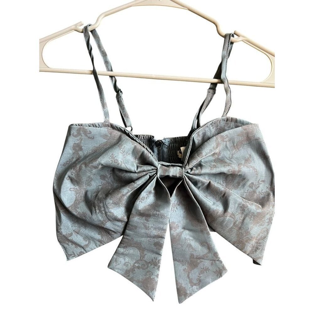 KIMCHI BLUE Womens Blue Jacquard Bow Detail CropTop, Adjustable Straps, Smocked - Picture 7 of 13